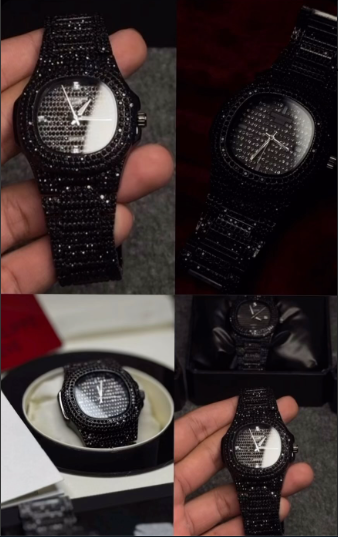 NEW Watch Collection Black Stone / Blacked Iced Out Stain-Less Steel Chain Watch For Mens Fashion (Black Without Box)