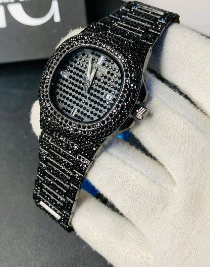 NEW Watch Collection Black Stone / Blacked Iced Out Stain-Less Steel Chain Watch For Mens Fashion (Black Without Box)